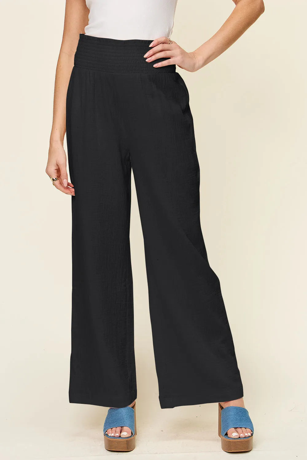 Double Take Full Size Texture Smocked Waist Wide Leg Pants - Wellen Fashion