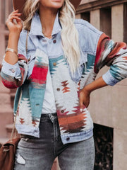 Geometric Button Up Long Sleeve Denim Jacket - Wellen Fashion