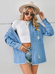 Distressed Raw Hem Dropped Shoulder Denim Jacket - Wellen Fashion