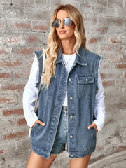 Raw Hem Sleeveless Button Up Denim Jacket - Wellen Fashion