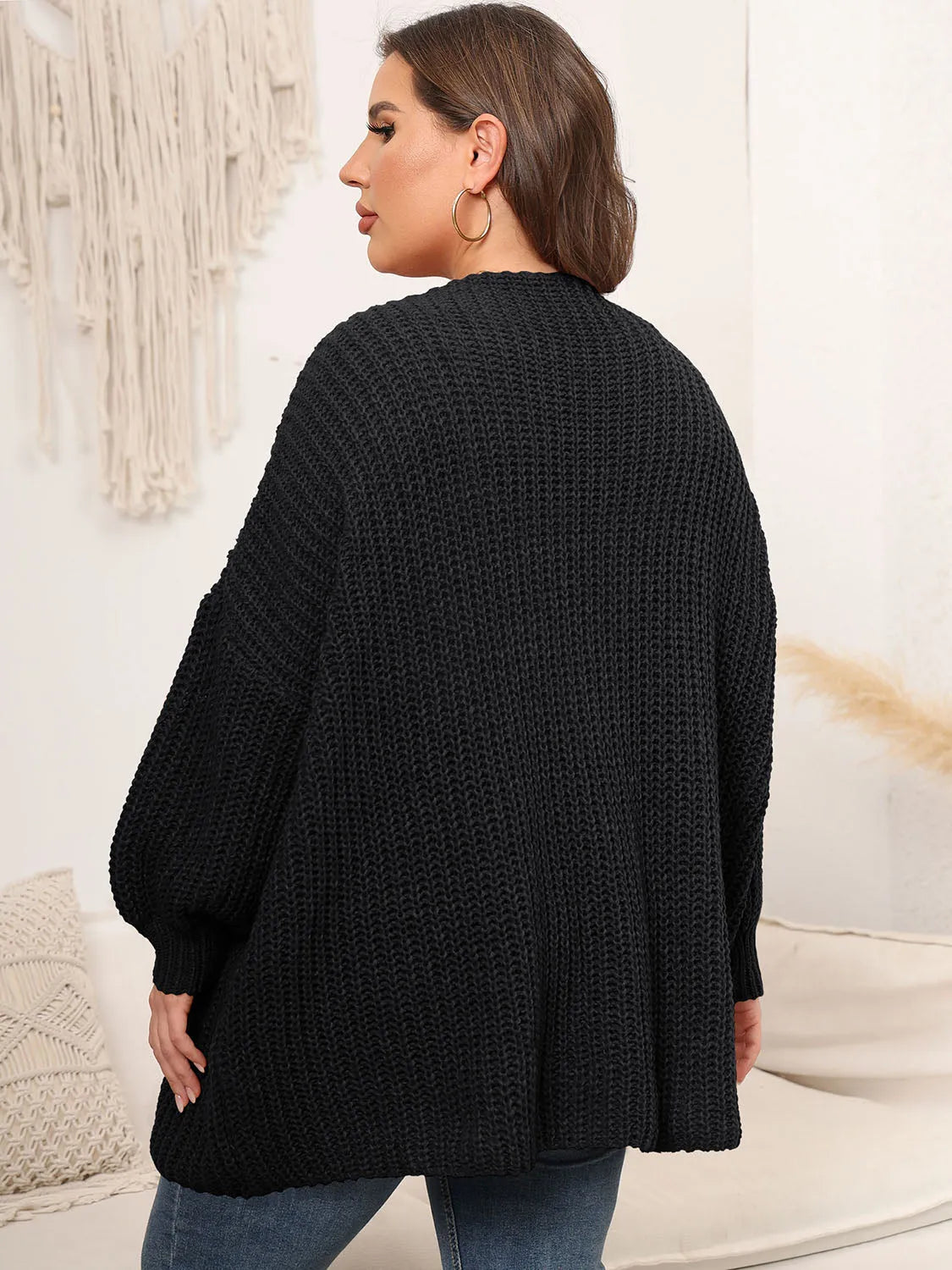 Plus Size Open Front Dropped Shoulder Knit Cardigan - Wellen Fashion