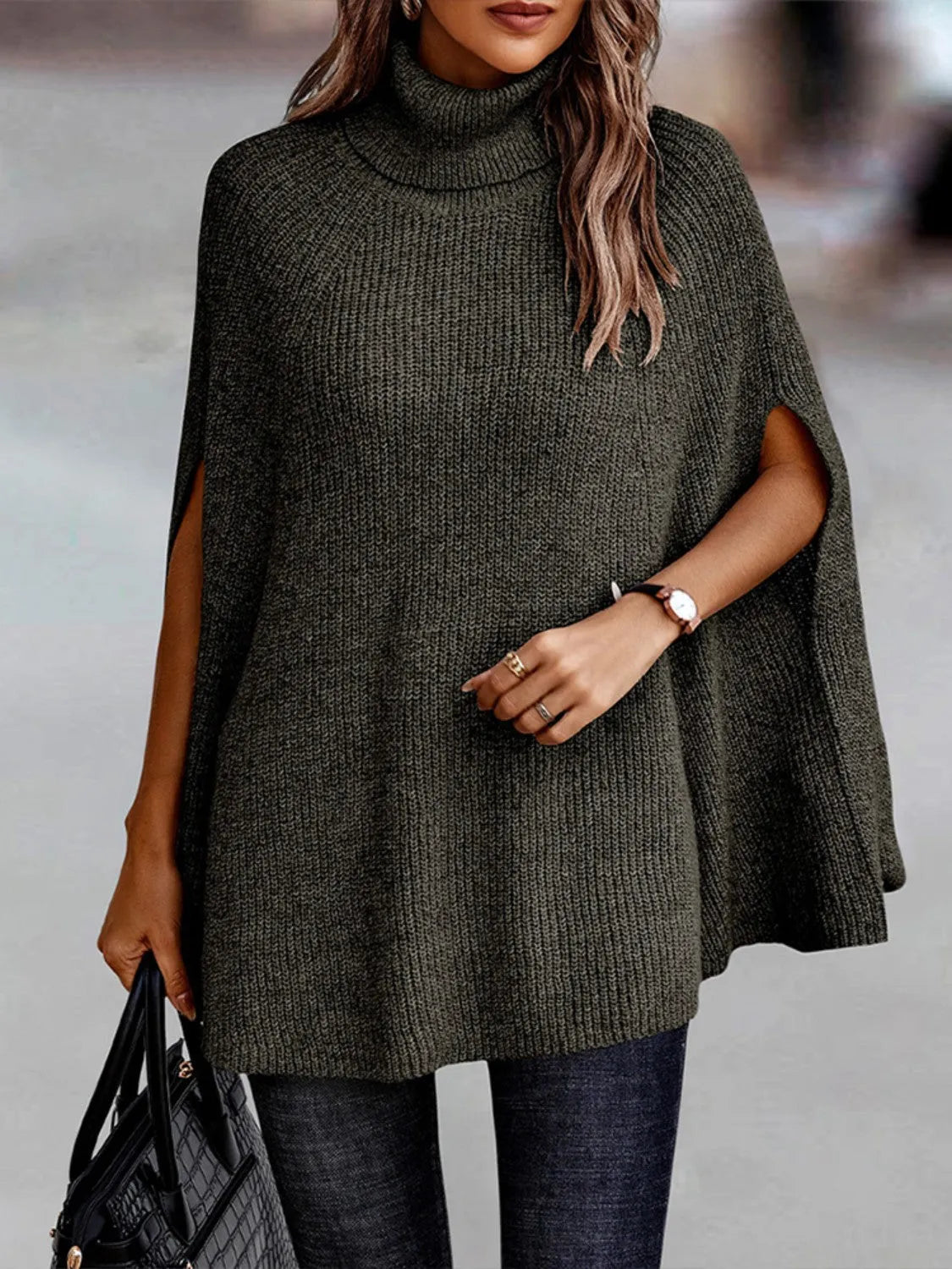 Turtleneck Dolman Sleeve Poncho - Wellen Fashion