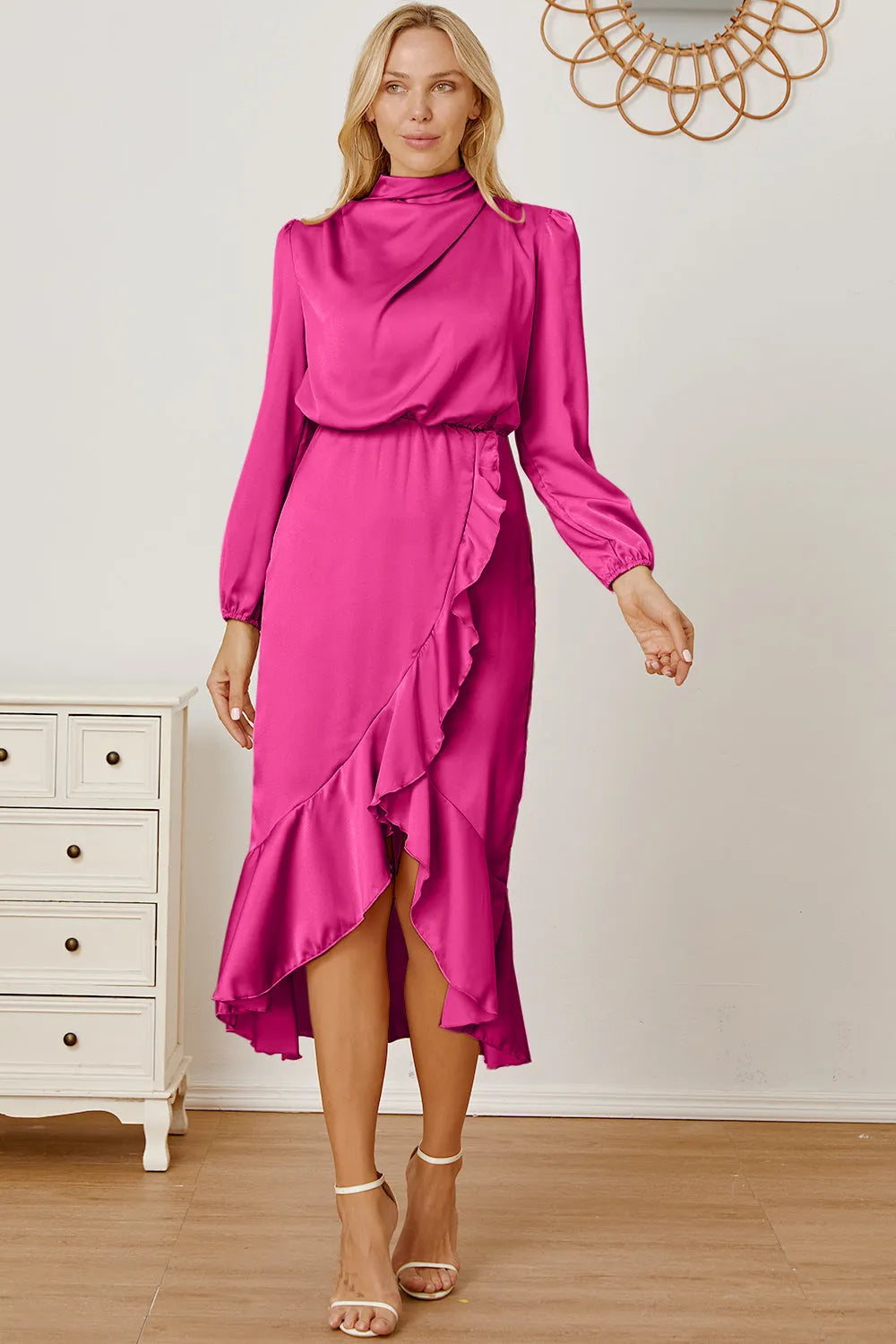 Mock Neck Ruffled Asymmetrical Dress - Wellen Fashion