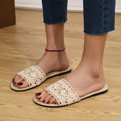 Lace Open Toe Flat Sandals - Wellen Fashion