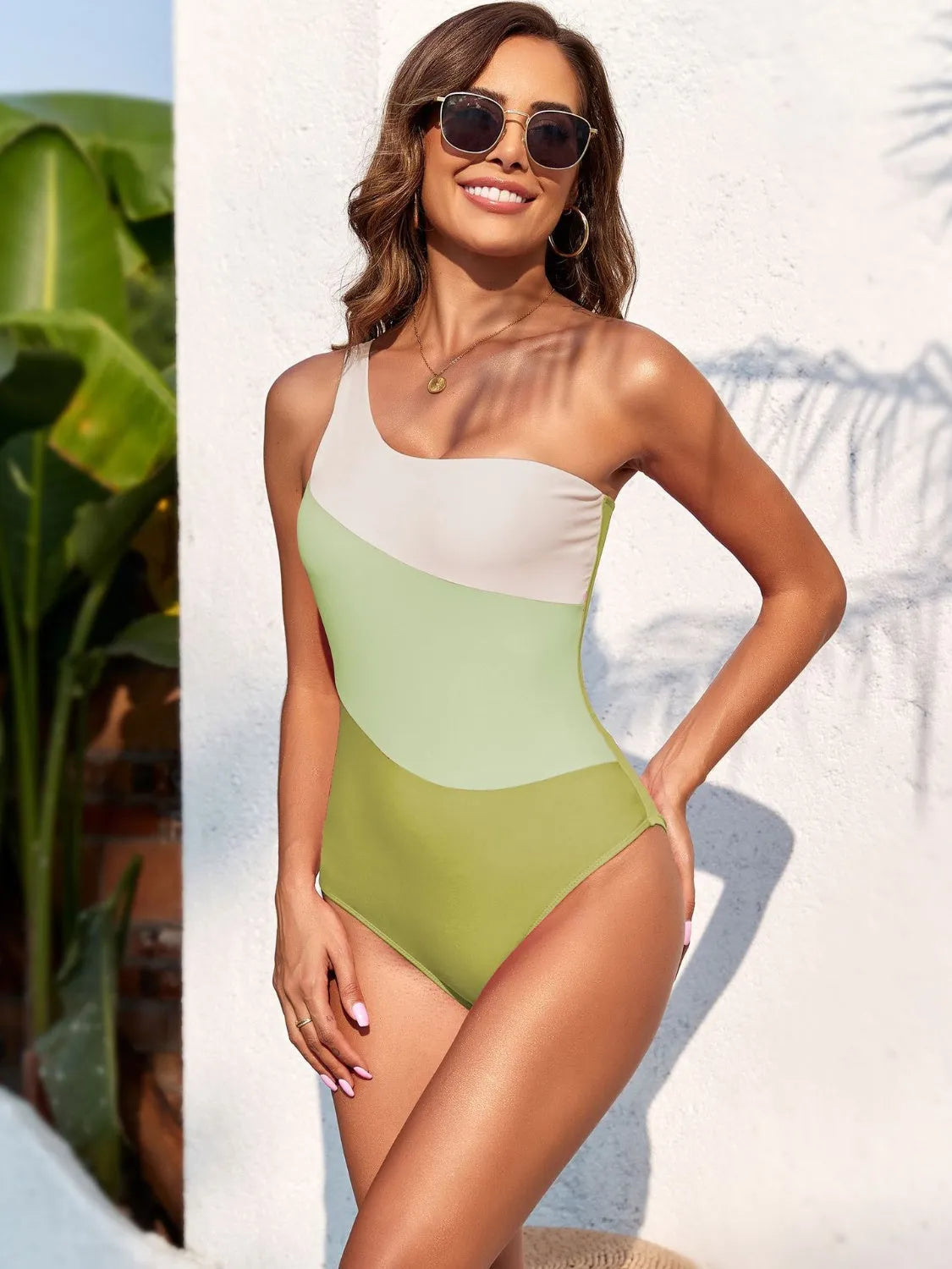 Color Block One Shoulder One-Piece Swimwear - Wellen Fashion