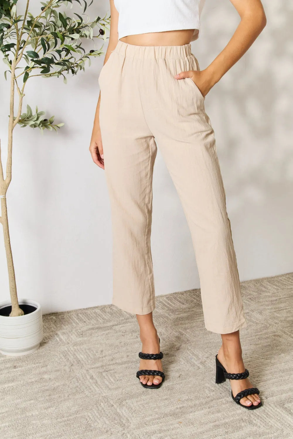 Shiny Pull-On Pants with Pockets - Wellen Fashion