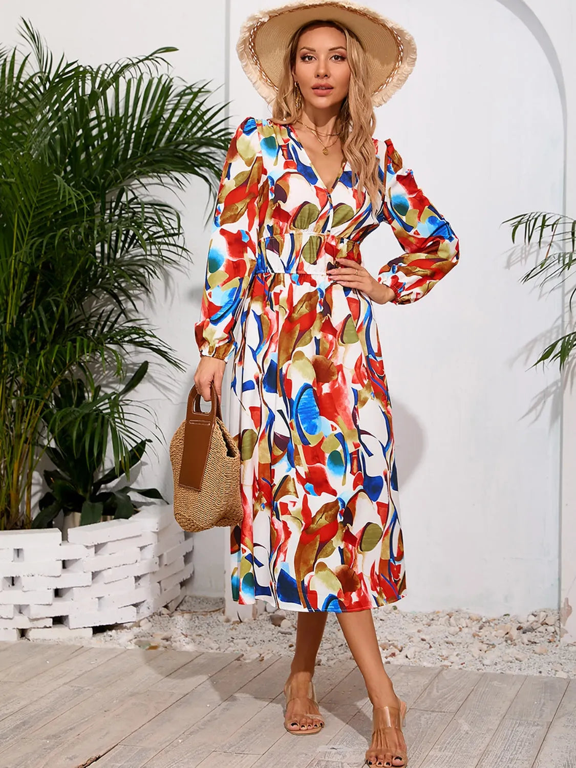 Printed Surplice Long Sleeve Midi Dress - Wellen Fashion