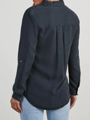 Collared Neck Roll-Tab Sleeve Denim Top - Wellen Fashion