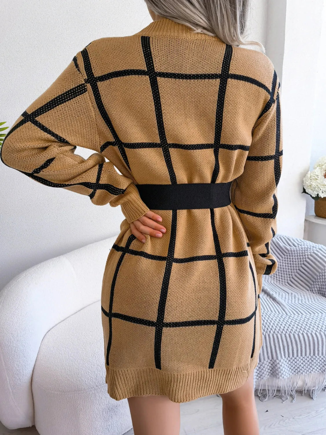 Plaid Round Neck Dropped Shoulder Sweater Dress - Wellen Fashion