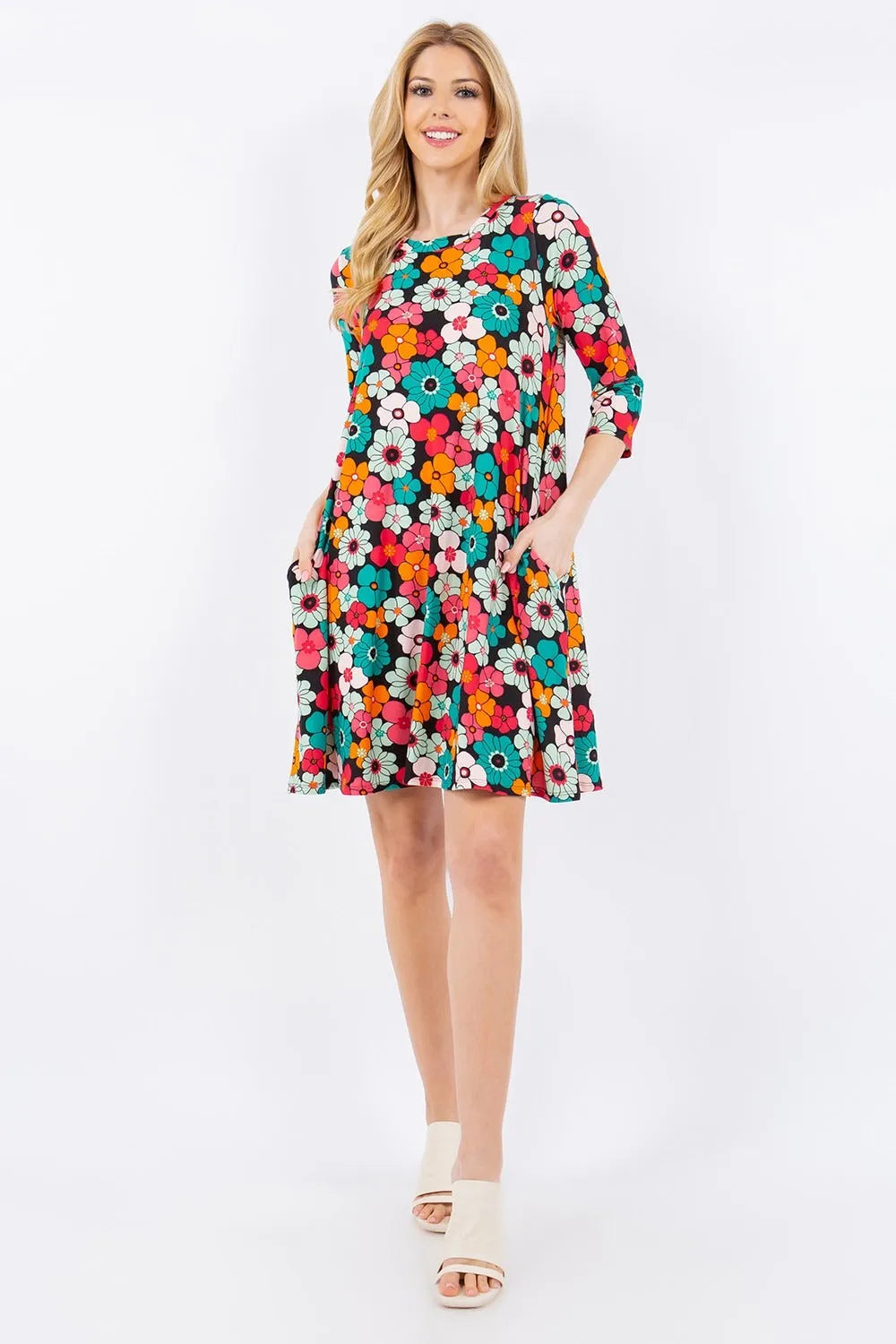 Celeste Full Size Floral Three-Quarter Sleeve Dress with Pockets - Wellen Fashion