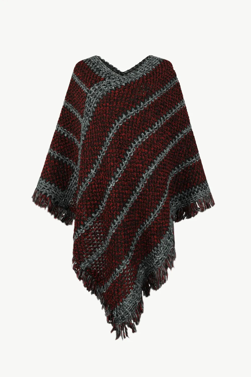 V-Neck Fringe Hem Poncho - Wellen Fashion