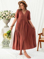 Plus Size V-Neck Flutter Sleeve Midi Dress - Wellen Fashion