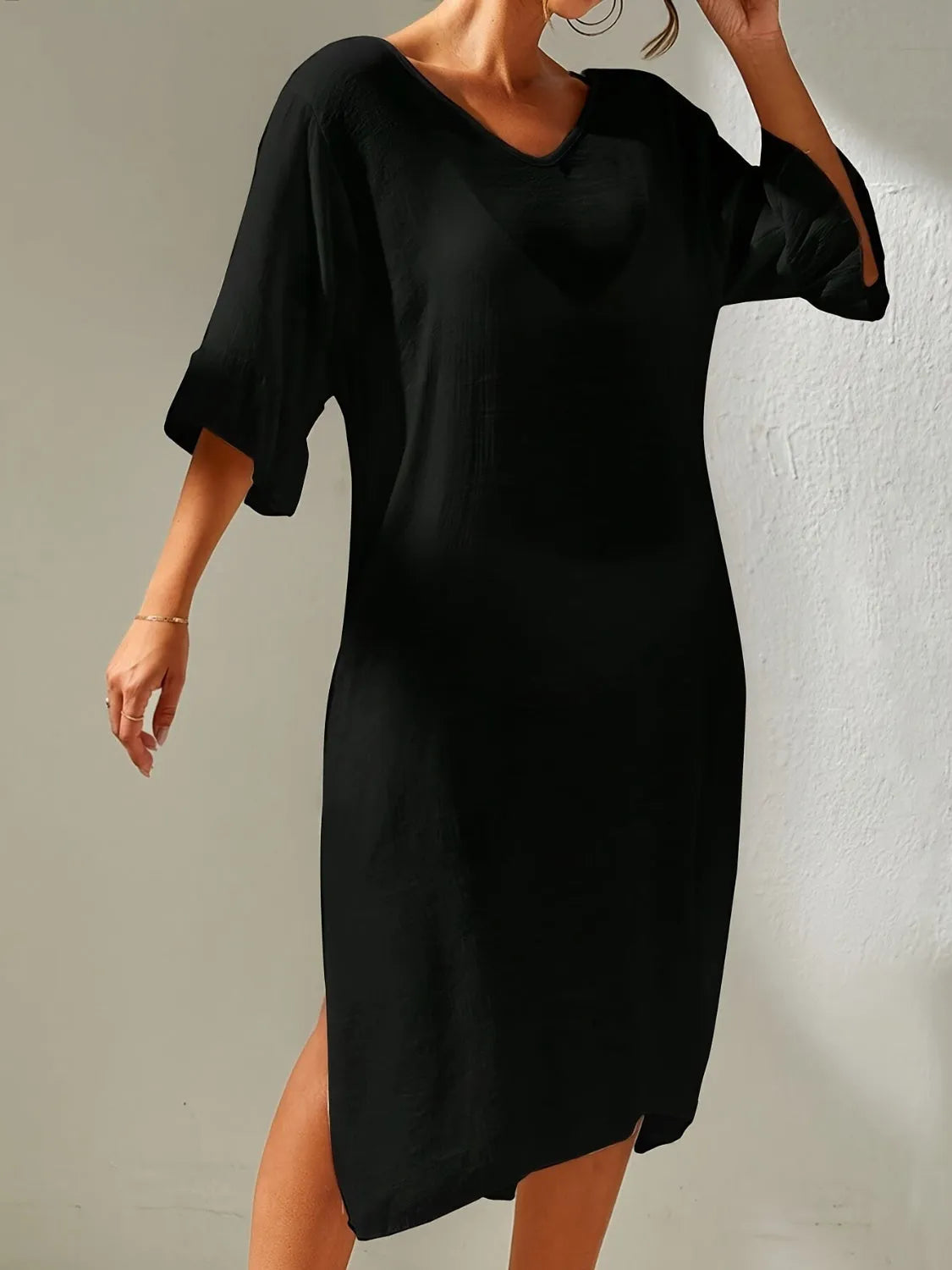 Slit V-Neck Flounce Sleeve Cover-Up - Wellen Fashion