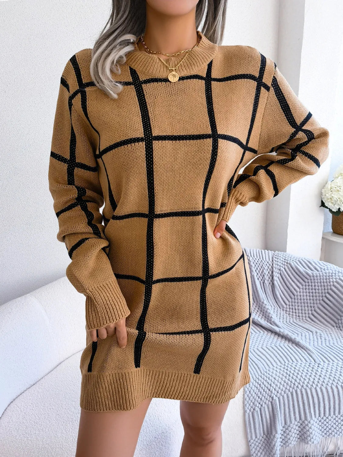 Plaid Round Neck Dropped Shoulder Sweater Dress - Wellen Fashion