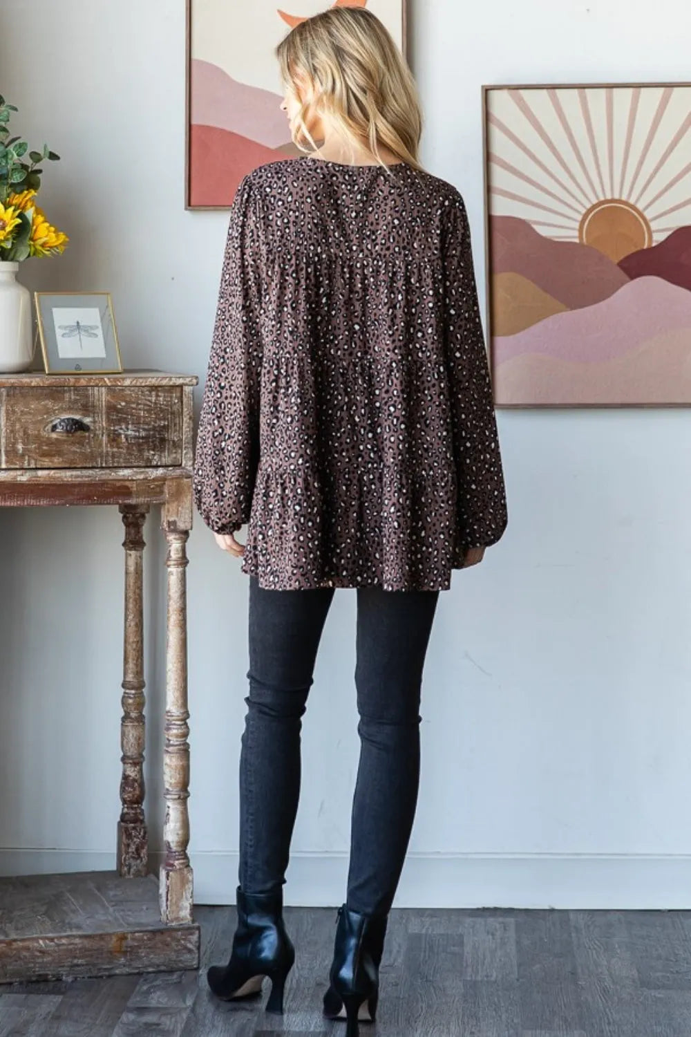 Heimish Leopard Long Sleeve Tiered Blouse - Wellen Fashion