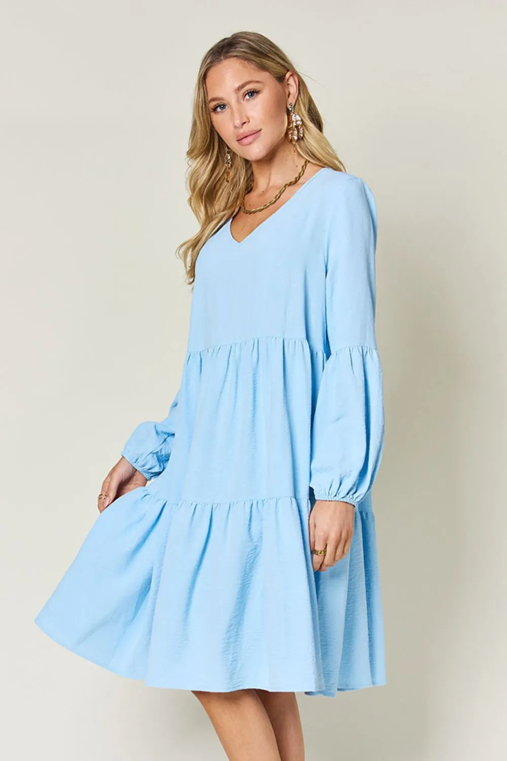 Double Take Full Size V-Neck Balloon Sleeve Tiered Dress with Pockets - Wellen Fashion