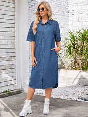 Button Down Half Sleeve Denim Dress - Wellen Fashion