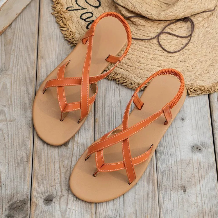 PU Leather Crisscross Flat Sandals - Wellen Fashion