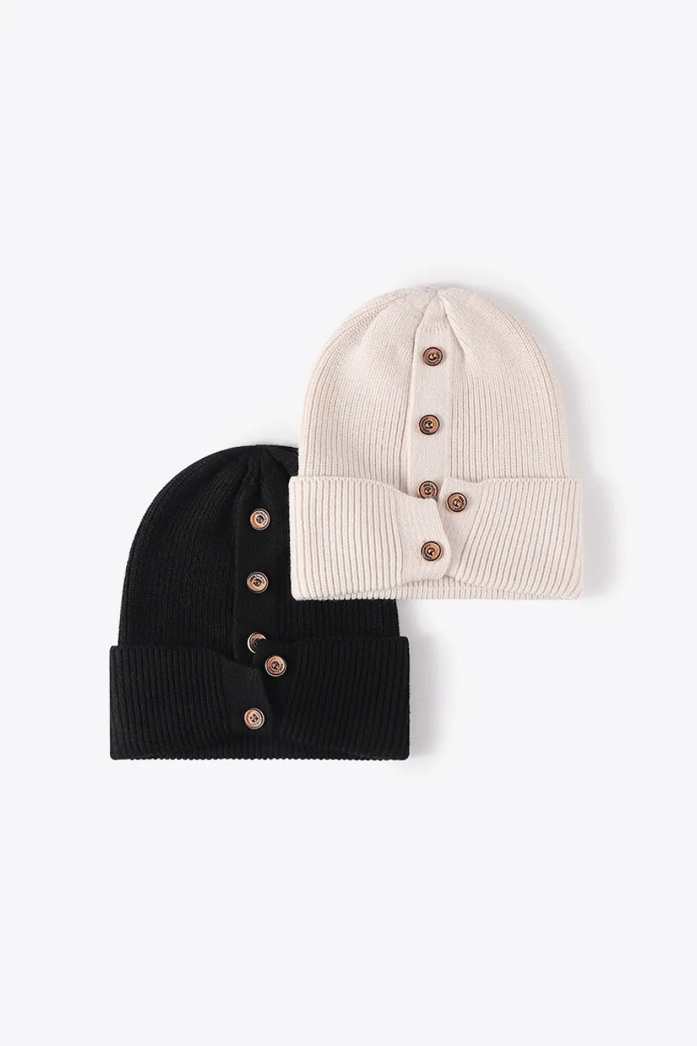 Button Detail Rib-Knit Cuff Beanie - Wellen Fashion