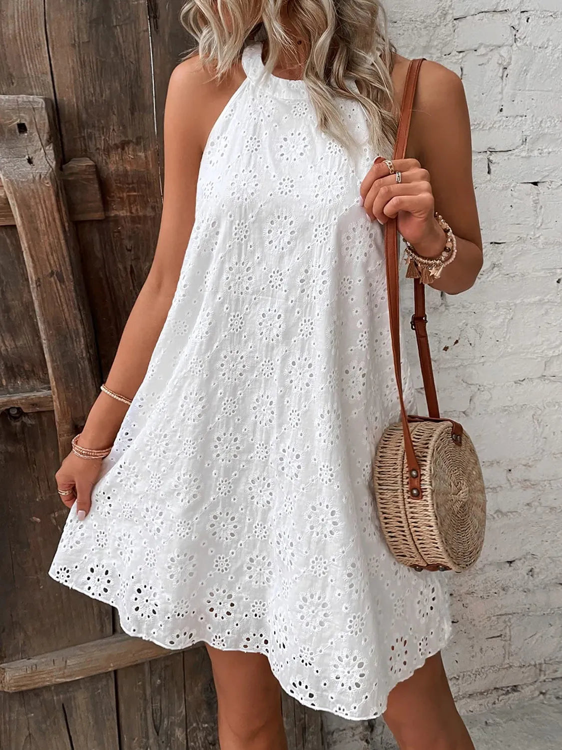 Eyelet Grecian Neck Mini Dress - Wellen Fashion