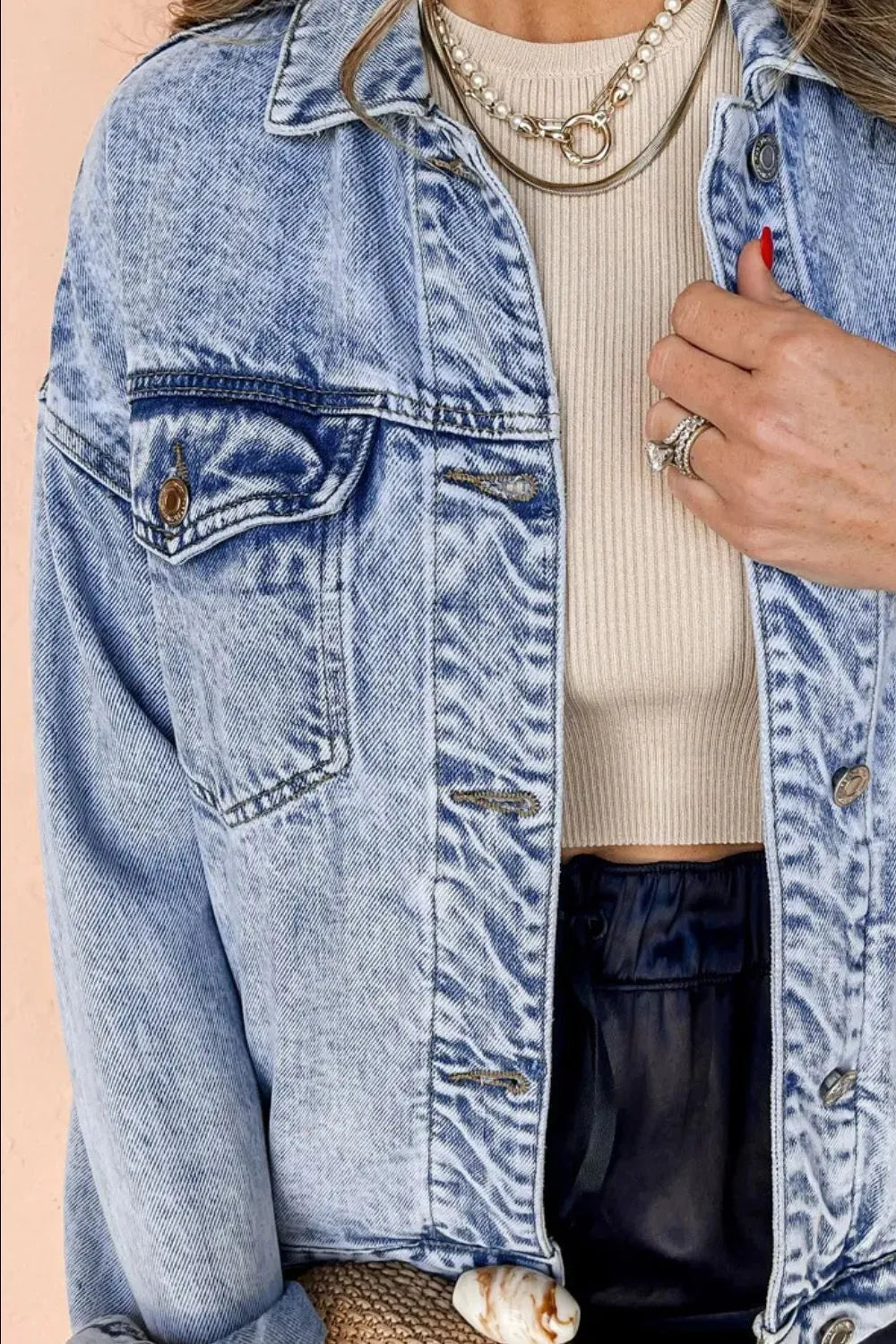 Pocketed Button Up Dropped Shoulder Denim Jacket - Wellen Fashion