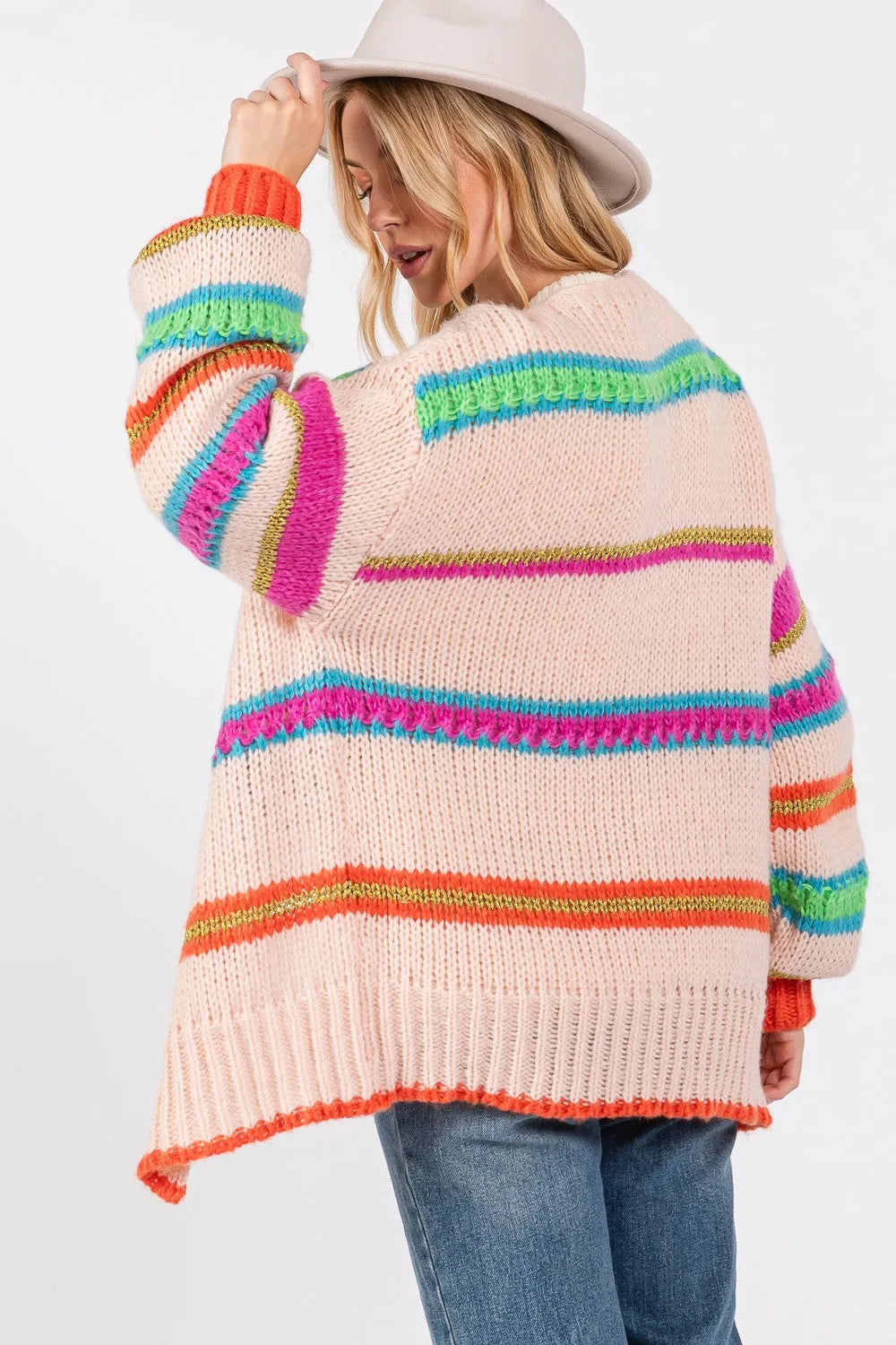 SAGE + FIG Rainbow Striped Open Front Knit Cardigan - Wellen Fashion