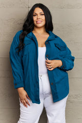 Zenana Cozy in the Cabin Full Size Fleece Elbow Patch Shacket in Teal - Wellen Fashion