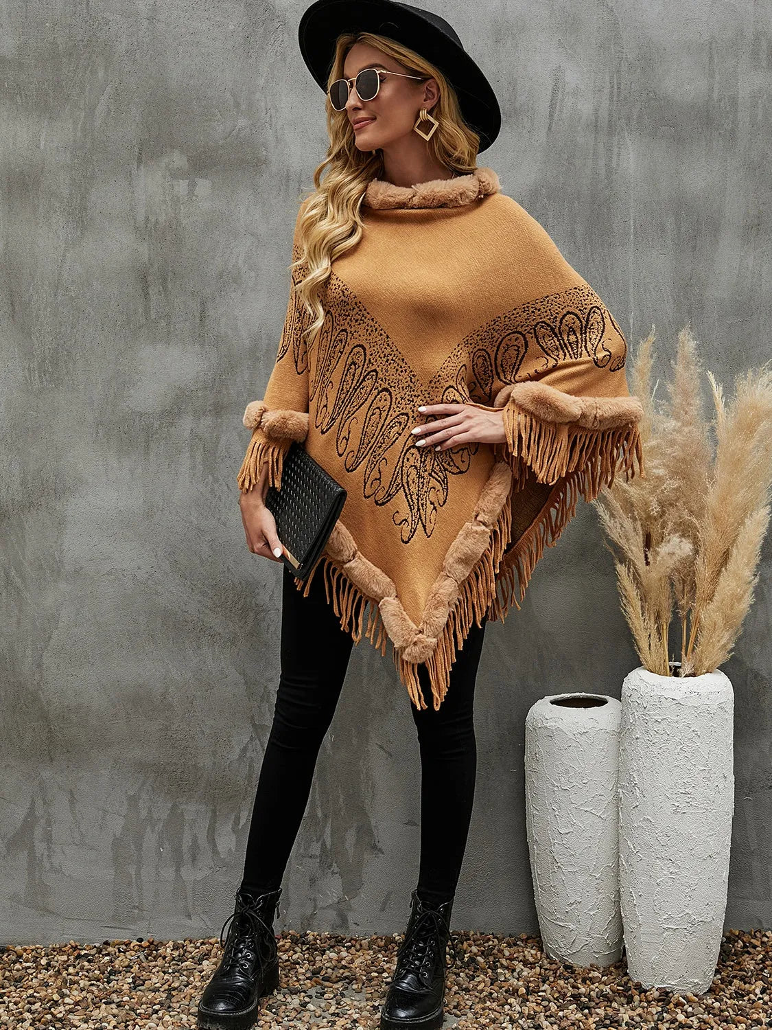 Graphic Fringe Cape Sleeve Poncho - Wellen Fashion