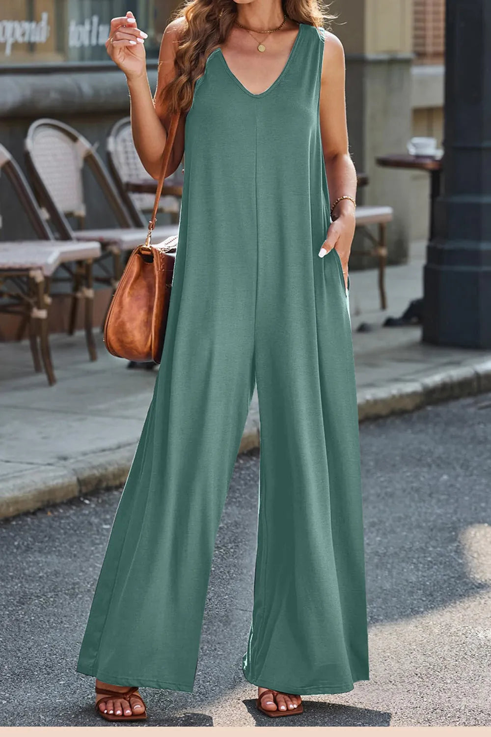 Full Size V-Neck Wide Strap Jumpsuit - Wellen Fashion