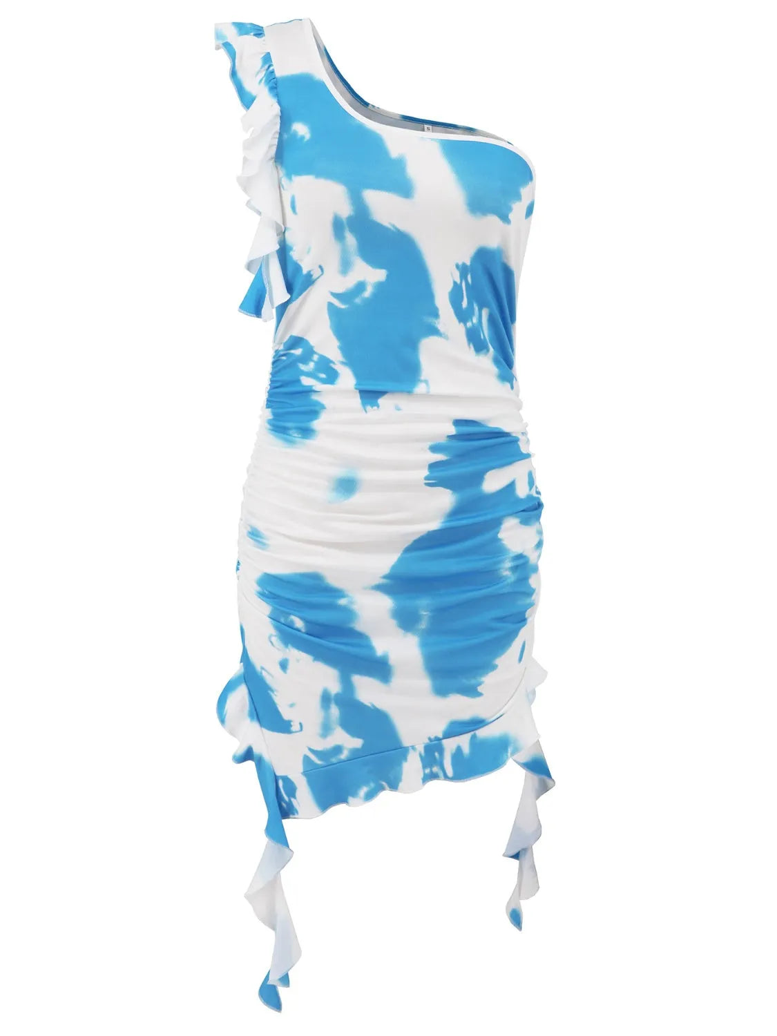 Ruffled Tie-Dye Single Shoulder Mini Dress - Wellen Fashion