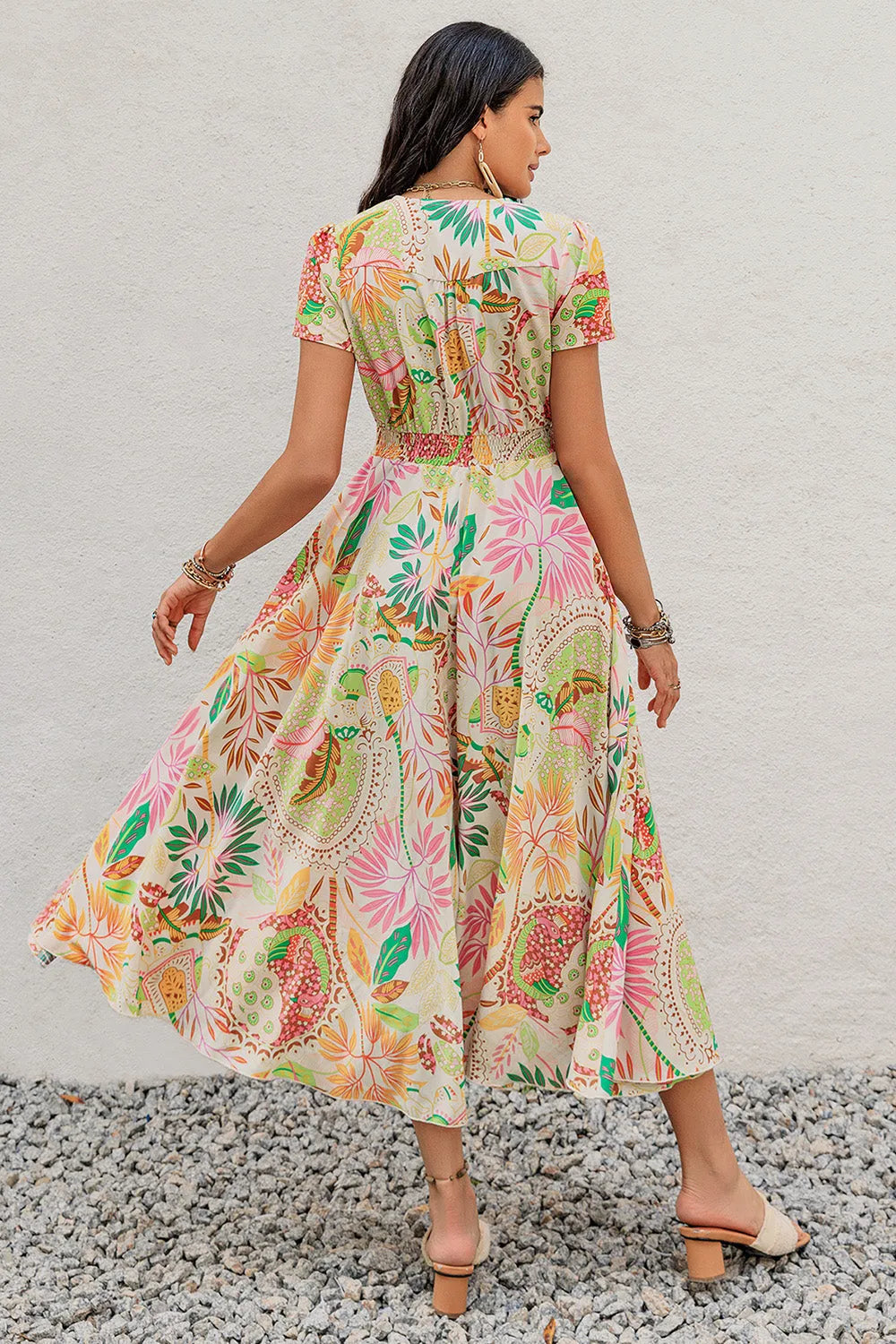 Printed V-Neck Short Sleeve Midi Dress - Wellen Fashion