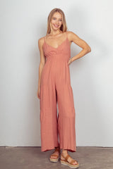 VERY J Sleeveless Ruched Wide Leg Jumpsuit - Wellen Fashion