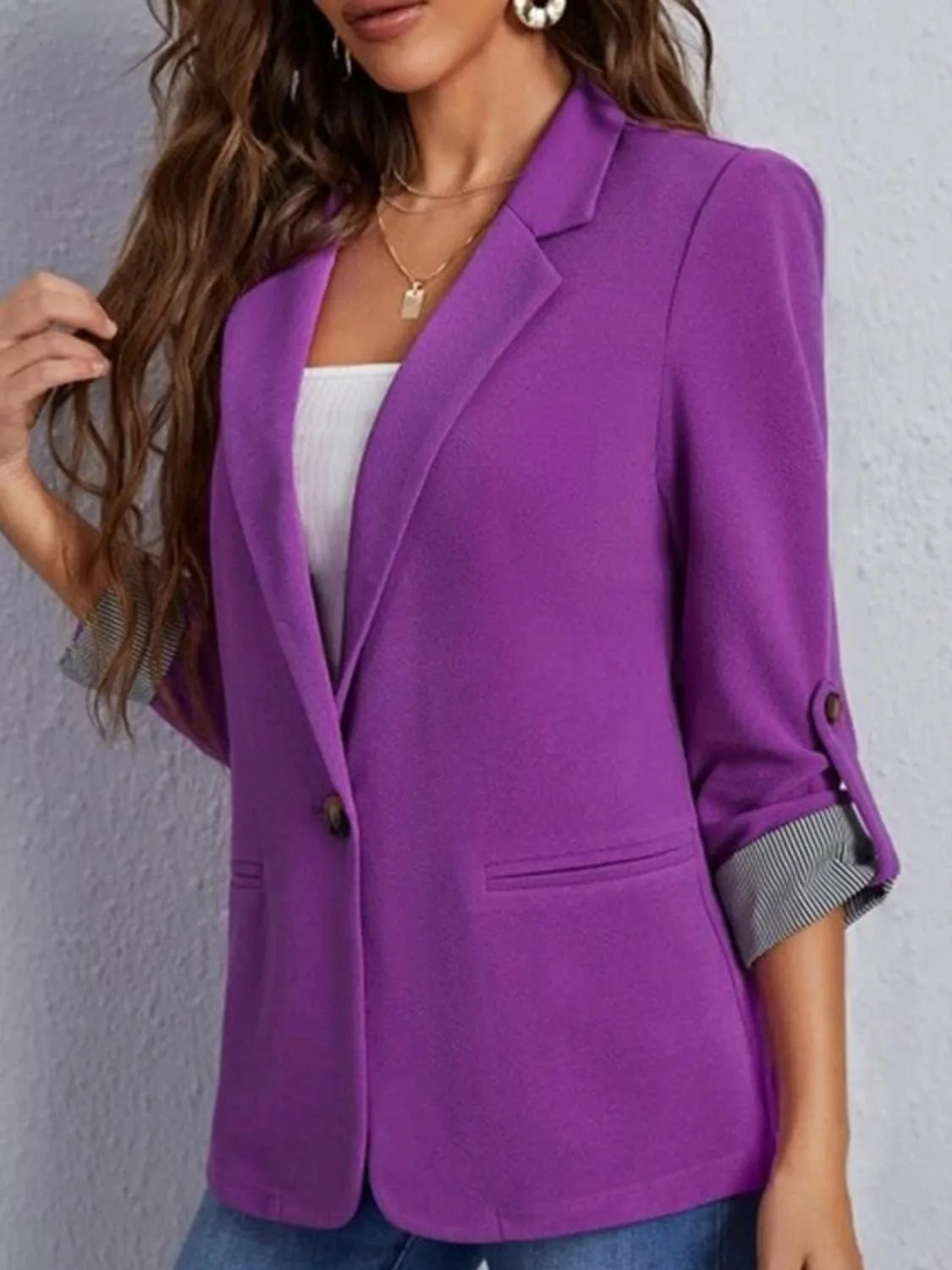 Lapel Collar Roll-Tab Sleeve Blazer - Wellen Fashion