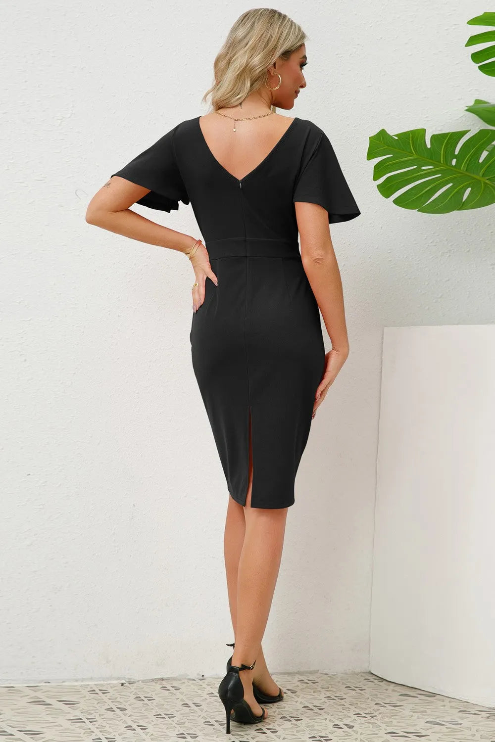 Slit Round Neck Flutter Sleeve Dress - Wellen Fashion