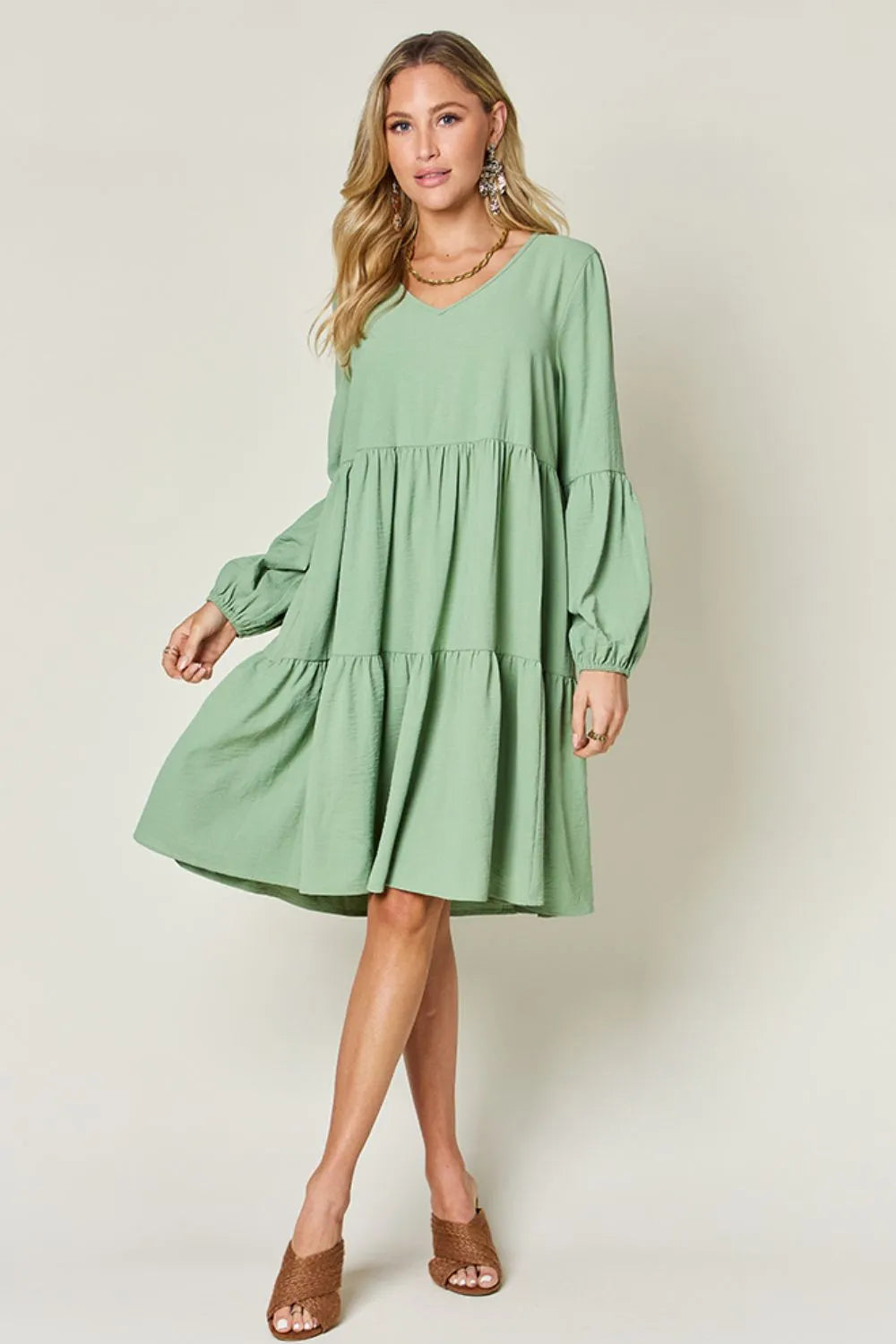 Double Take Full Size V-Neck Balloon Sleeve Tiered Dress with Pockets - Wellen Fashion