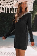 V-Neck Long Sleeve Mini Sweater Dress - Wellen Fashion