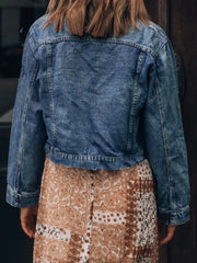 Button Up Collared Neck Distressed Denim Jacket - Wellen Fashion