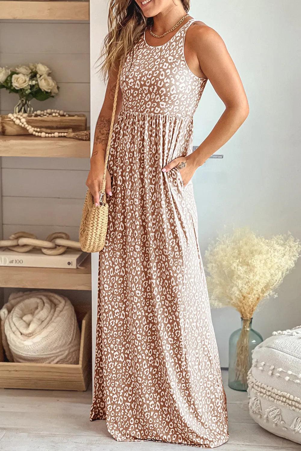 Leopard Round Neck Sleeveless Maxi Dress - Wellen Fashion