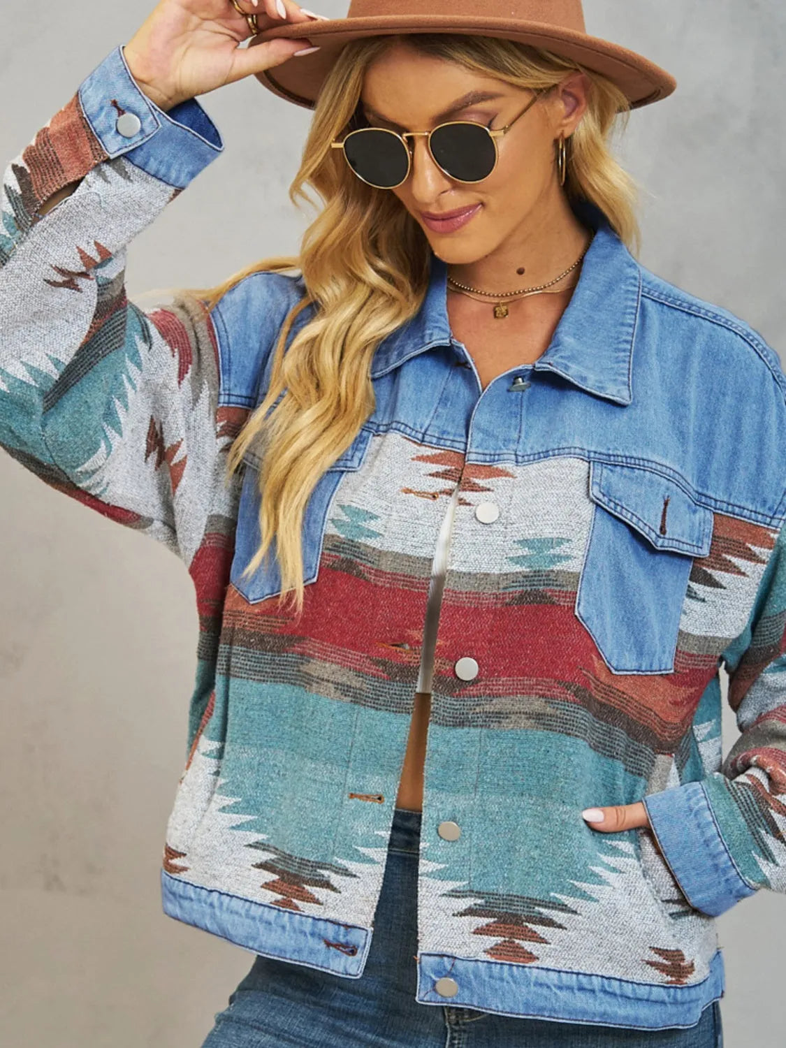 Geometric Button Up Dropped Shoulder Denim Jacket - Wellen Fashion