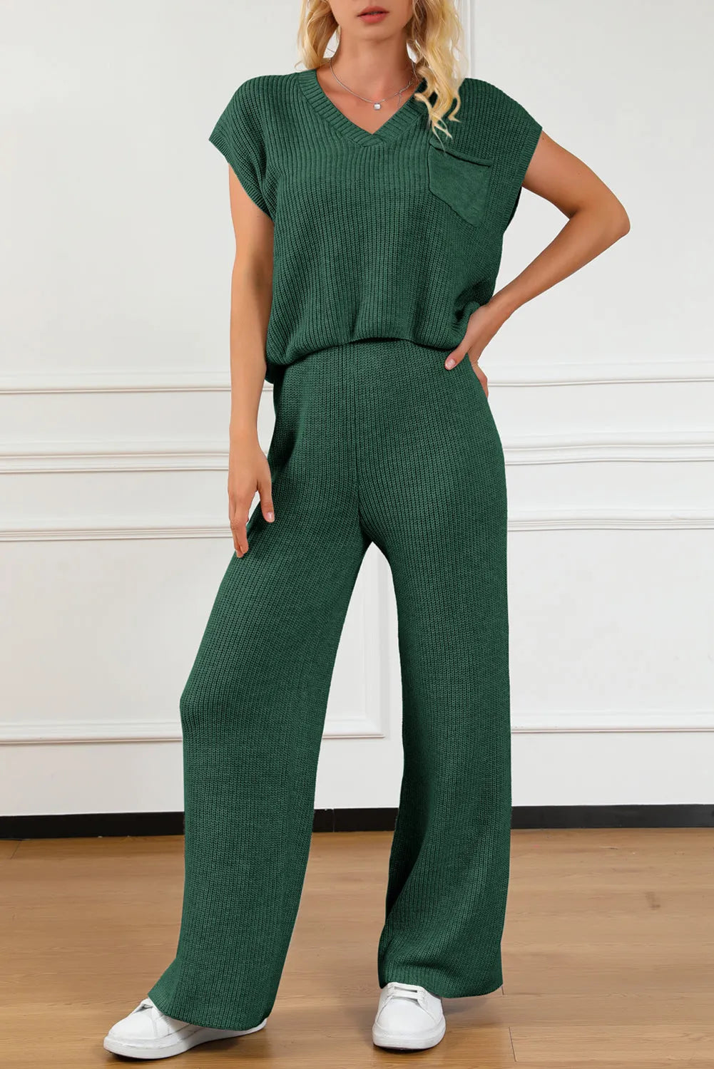 Pocketed V-Neck Top and Wide Leg Sweater Set - Wellen Fashion