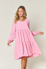 Double Take Full Size V-Neck Balloon Sleeve Tiered Dress with Pockets - Wellen Fashion