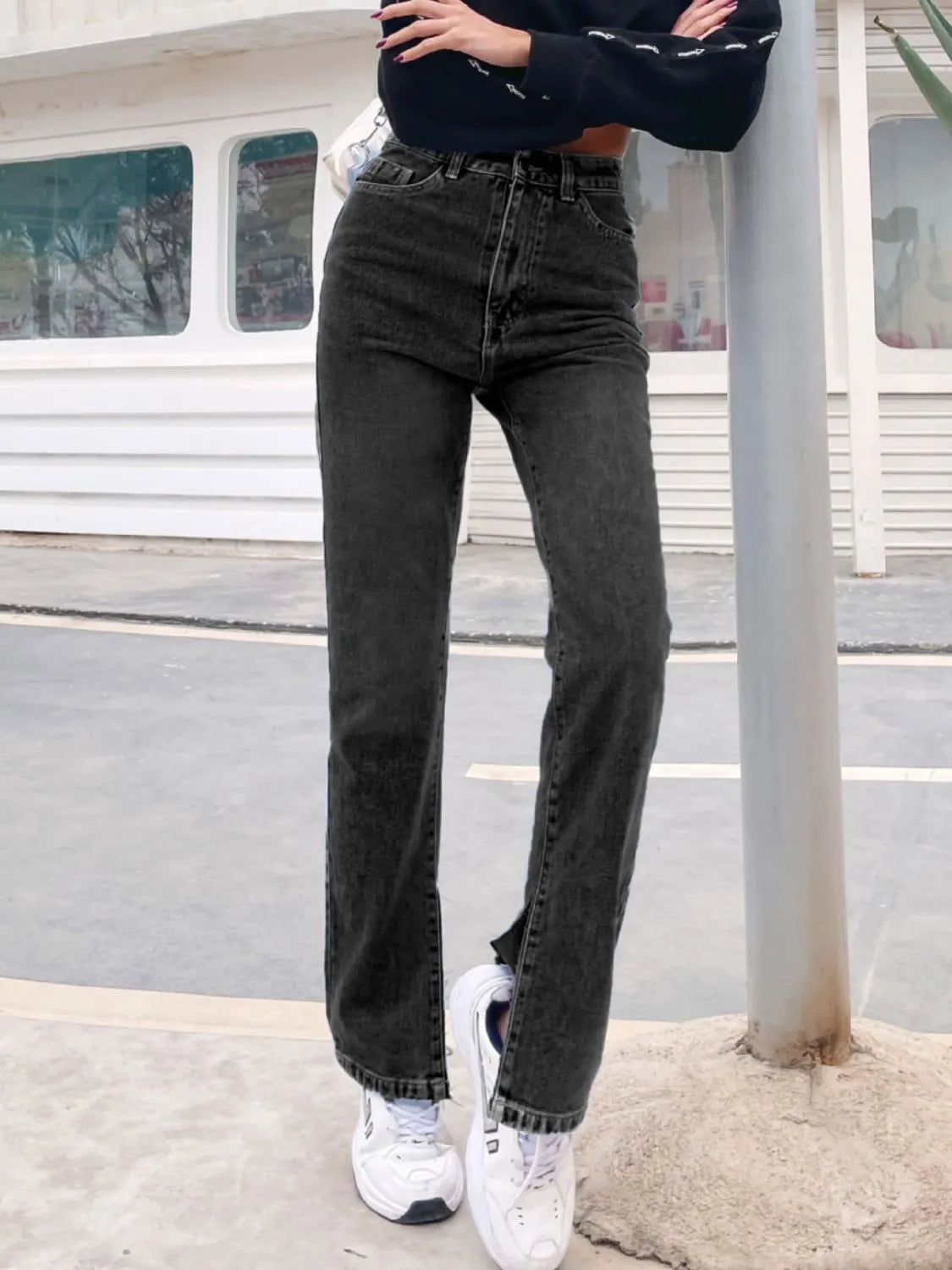 Side Slit High Waist Jeans with Pockets - Wellen Fashion