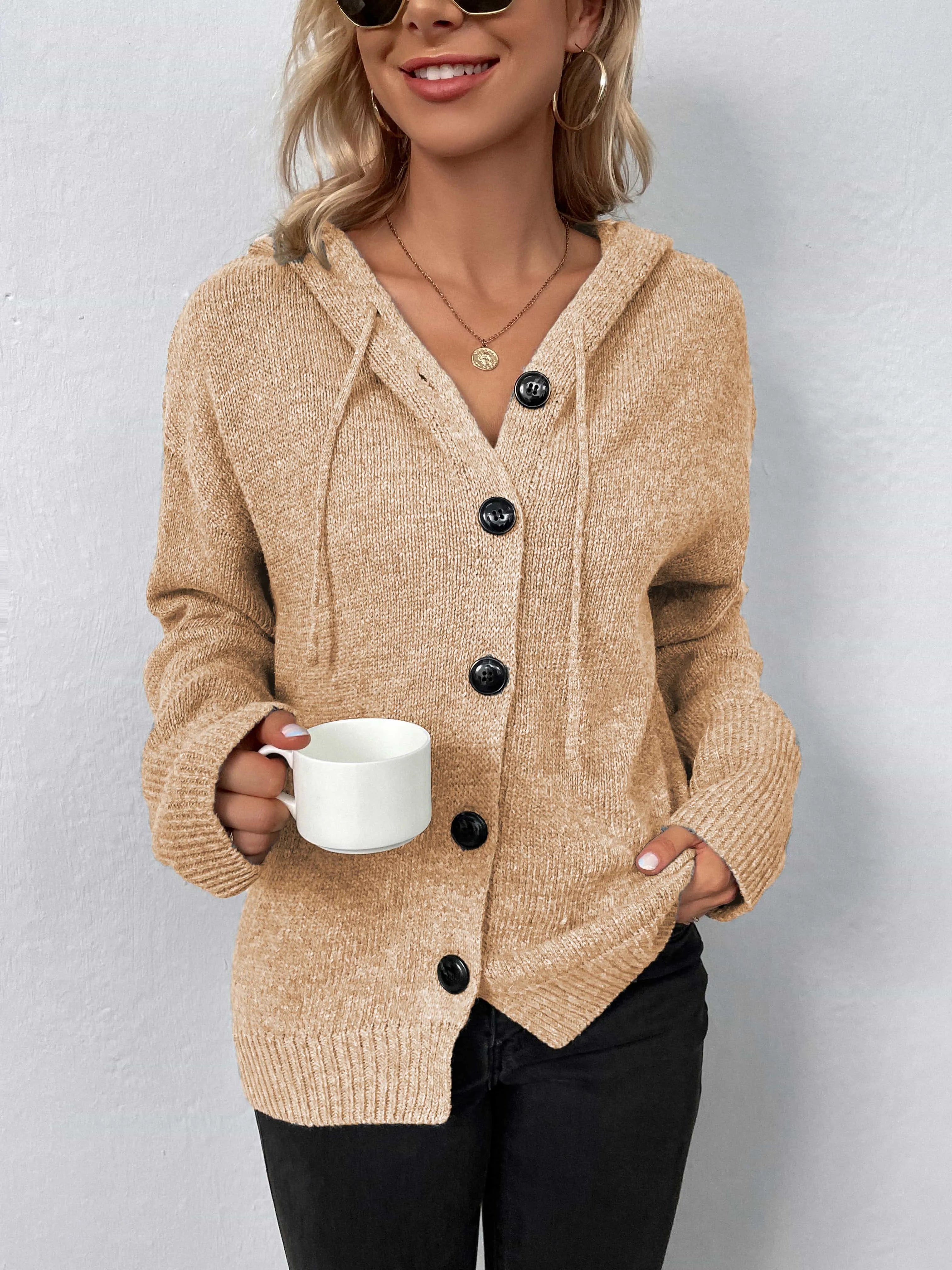 Button-Down Long Sleeve Hooded Sweater - Wellen Fashion