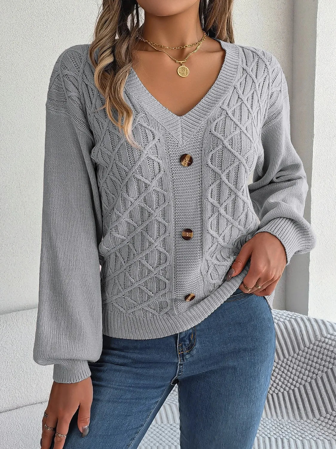 Cable-Knit V-Neck Lantern Sleeve Sweater - Wellen Fashion