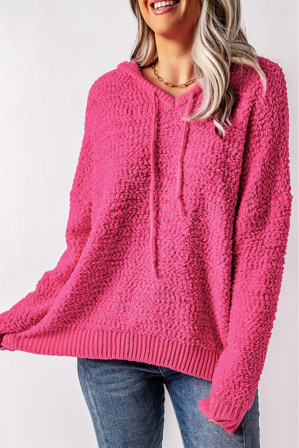 Popcorn Knit Slit Hooded Sweater - Wellen Fashion