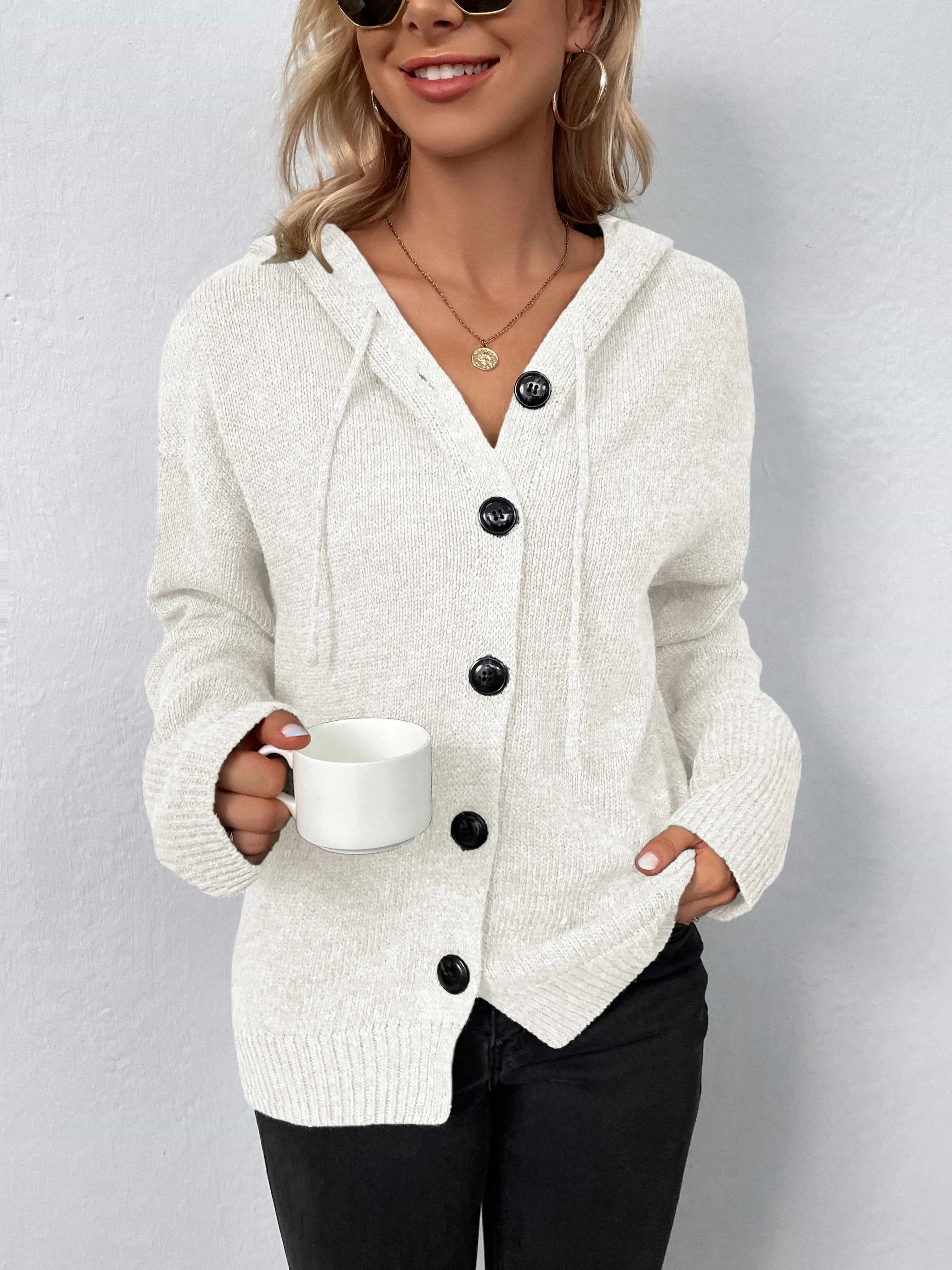 Button-Down Long Sleeve Hooded Sweater - Wellen Fashion