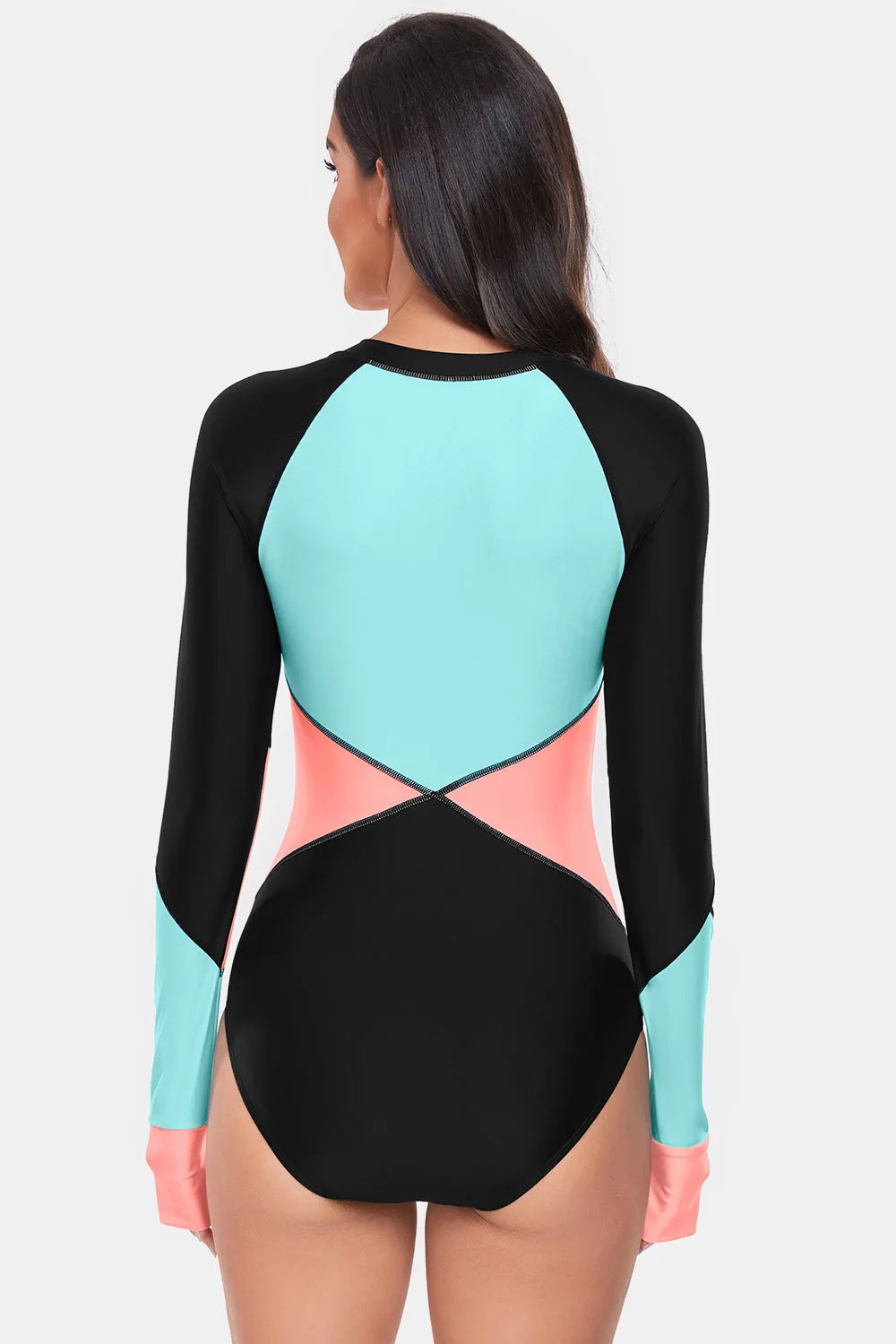 Color Block Half Zip Long Sleeve One-Piece Swimwear - Wellen Fashion