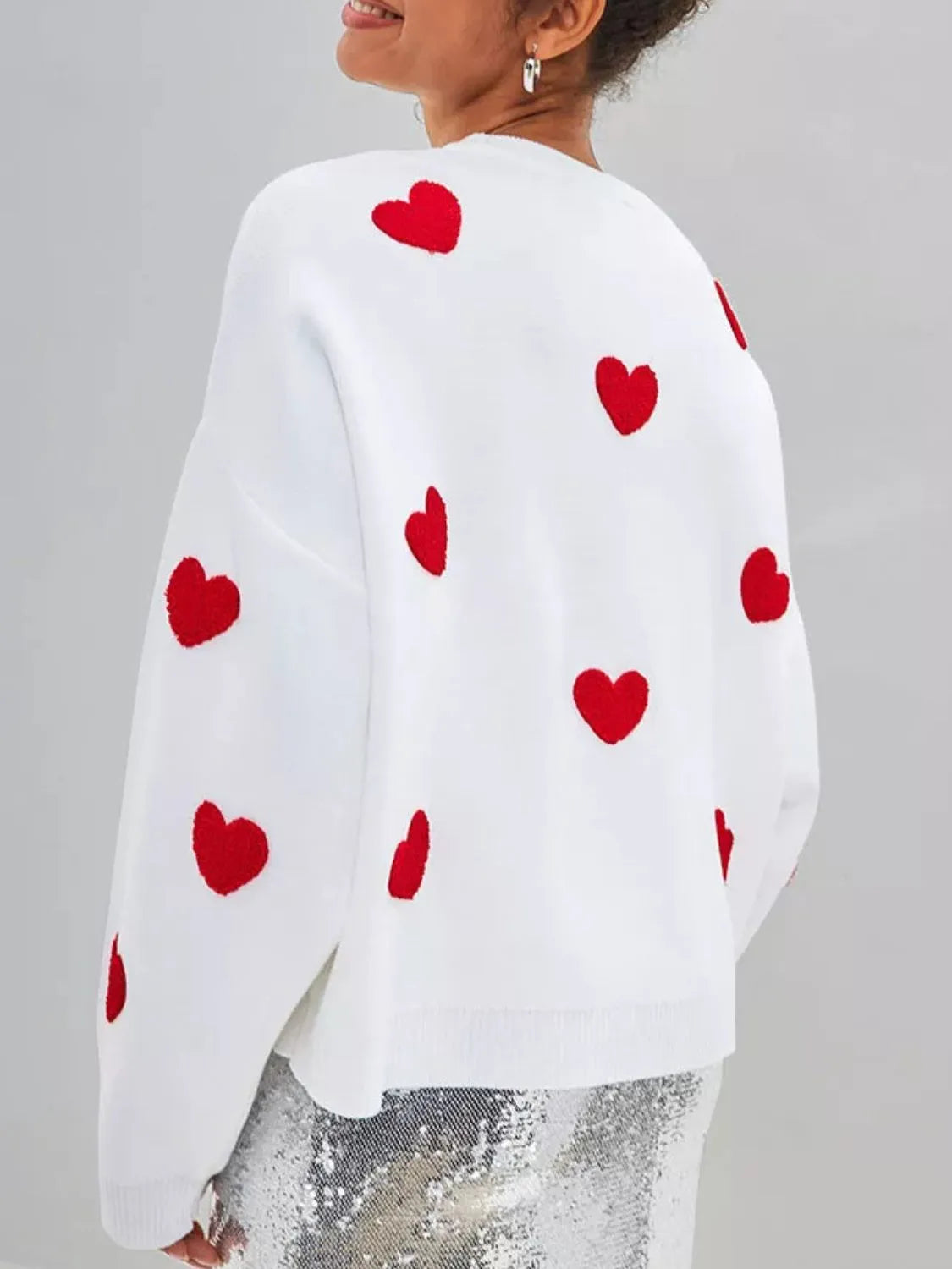 Heart Round Neck Dropped Shoulder Sweater - Wellen Fashion