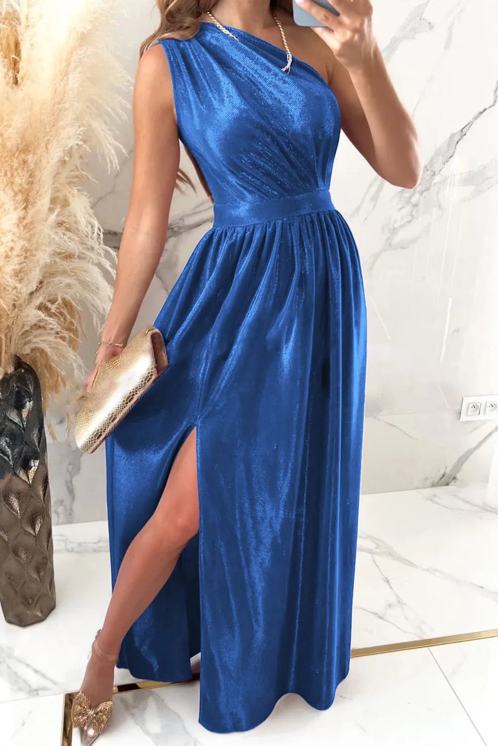 One Shoulder Slit Ruched Maxi Dress - Wellen Fashion