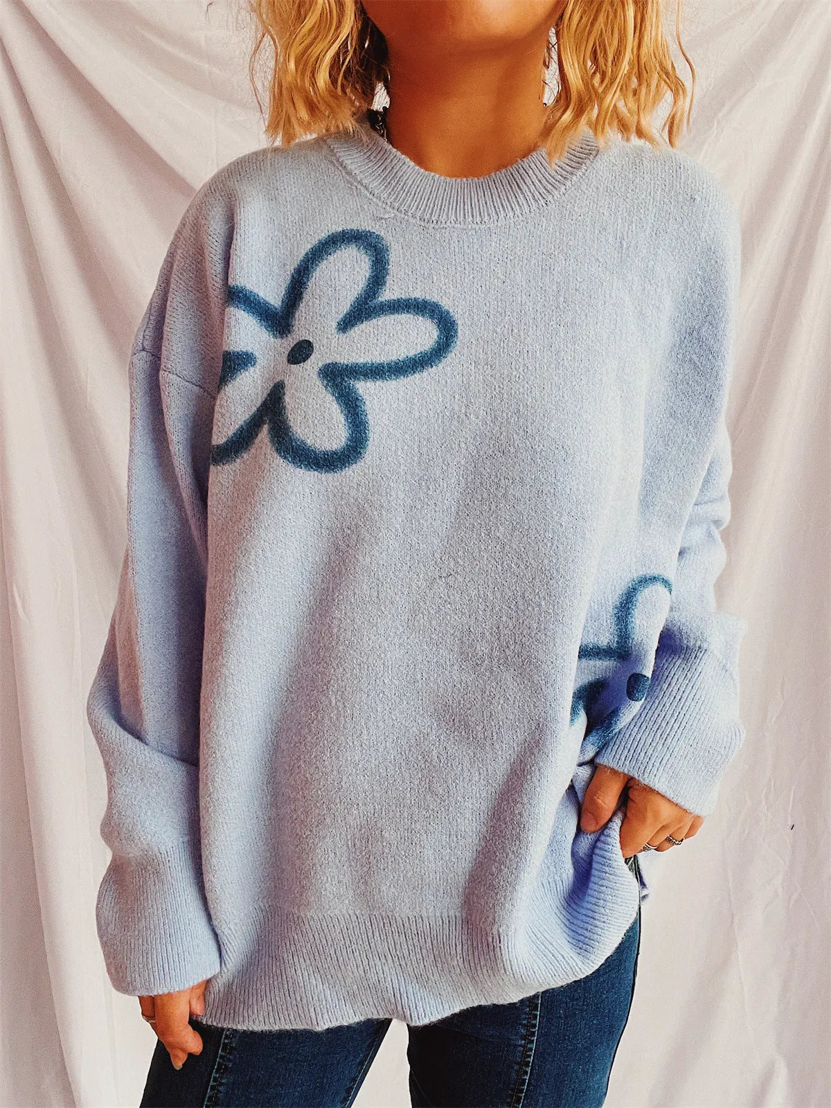 Flower Round Neck Long Sleeve Sweater - Wellen Fashion